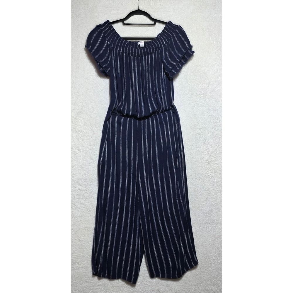 Xhilaration Navy Blue White Striped Smocked Off Shoulder Jumpsuit Medium Crochet